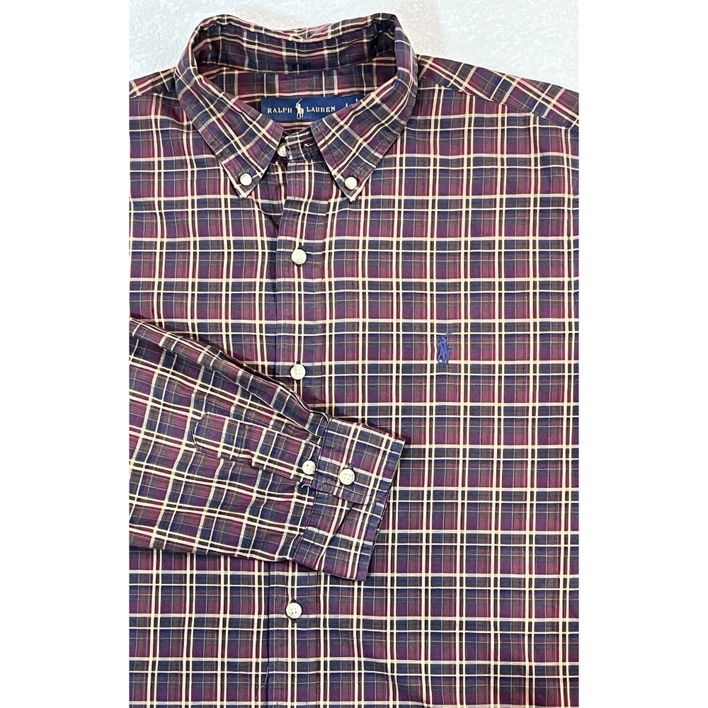 Polo Ralph Lauren Long Sleeve Men's L Burgundy Plaid Oxford Shirt Pony